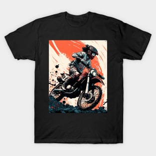 Dirt bike rider with Japanese style red background T-Shirt